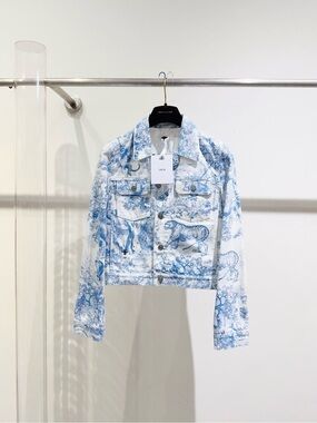 Dior Blue and White Toile Cropped Denim Jacket - Women